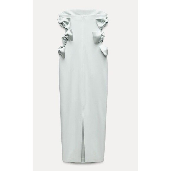 ZARA NEW WOMAN FITTED STRAPLESS MIDI DRESS WITH SATIN BOWS SEA GREEN SIZE LARGE - Picture 2 of 16